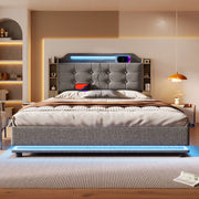 Letto imbottito 140x200 cm grigio con LED, USB-C e contenitore