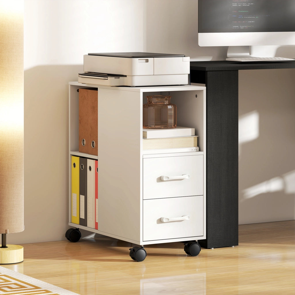 Cassettiera mobile con ruote, scaffale regolabile e scomparto aperto ¨C zephmum ¨C bianco