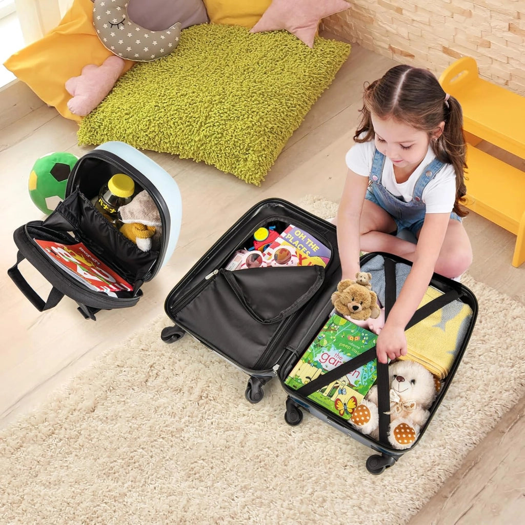 Set di Valigia 16’’ + Zaino 12’’ per Bambini 2 Pezzi, Bagagli 2-in-1 con Zainetto da Viaggio Aereo, Trolley con Maniglia Telescopica e 4 Ruote a 360° (Blu Traffico)