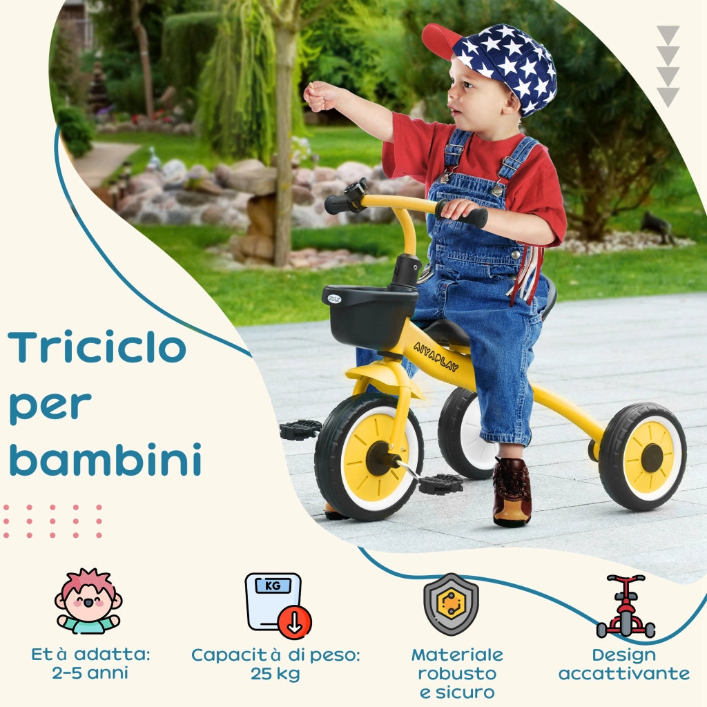 Triciclo per Bambini con Seduta Regolabile 70.5x50x58 cm Struttura in Metallo Giallo
