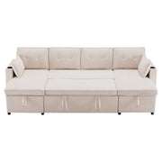 Divano Letto a U con Vani Contenitore; Portabicchieri e Tasca Laterale; Tessuto Cotone e Lino Beige 270 × 130 × 86 cm