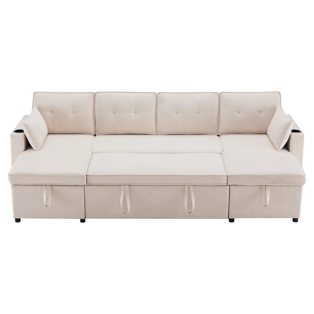 Divano Letto a U con Vani Contenitore; Portabicchieri e Tasca Laterale; Tessuto Cotone e Lino Beige 270 × 130 × 86 cm