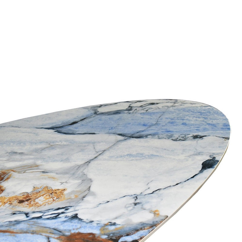 Tavolo ovale fisso Punto con piano effetto marmo con dettagli blu 200x80xH76 cm.