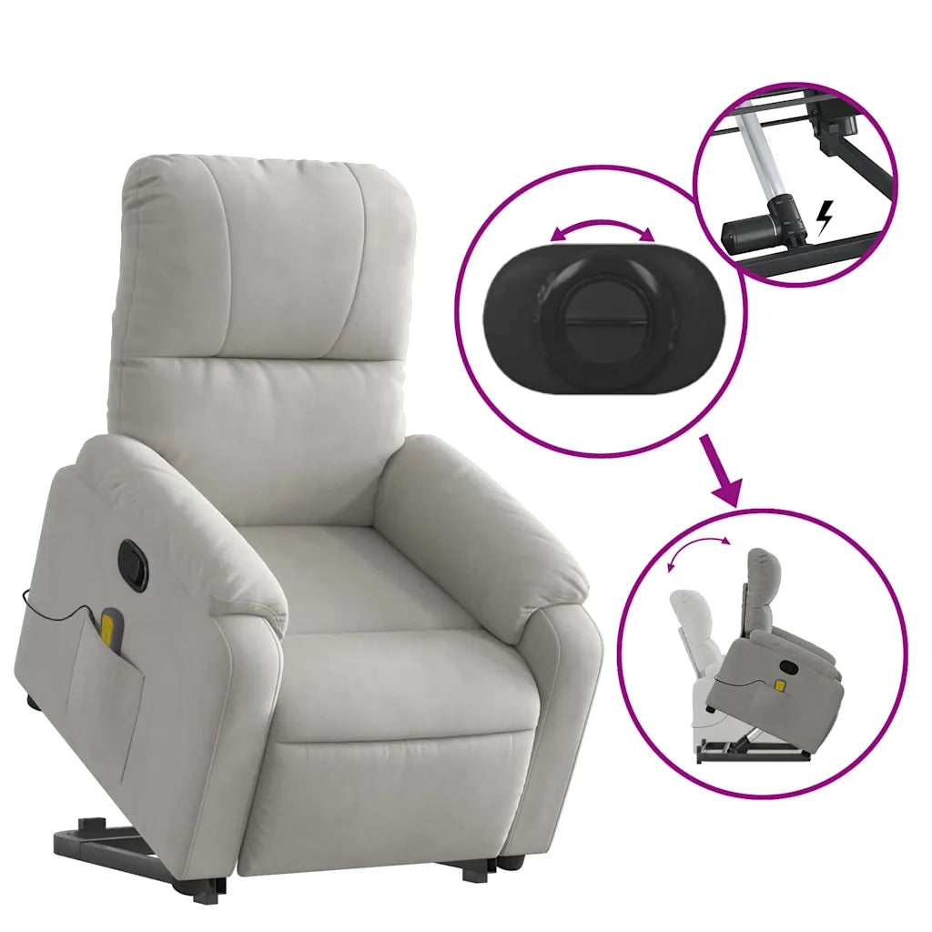 Poltrona | Sedia Relax a Rialzo Massaggi Reclinante Grigio Chiaro Microfibra