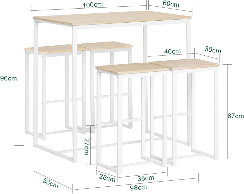 Penisola da Cucina con 4 Sgabelli Tavolo da Bar Alto con Set da 5 Pezzi per Cucina e Sala da Pranzo, Salvaspazio per Cucine Piccole, Balcone o Giardino Finitura Legno 100x60x96 cm OGT15‑WN