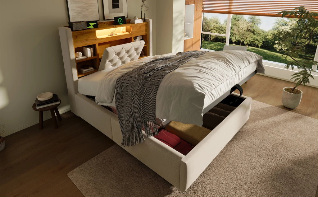 Letto contenitore 90 × 200 cm con illuminazione LED, USB e Type-C, testiera con ripiani, senza materasso, beige