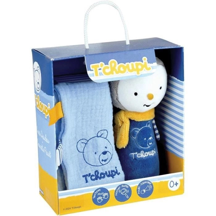 Scatola Nascita T'choupi con Piumino e Sonaglio in Peluche +/- 25 cm - JEMINI - Ideale per un regalo di nascita.