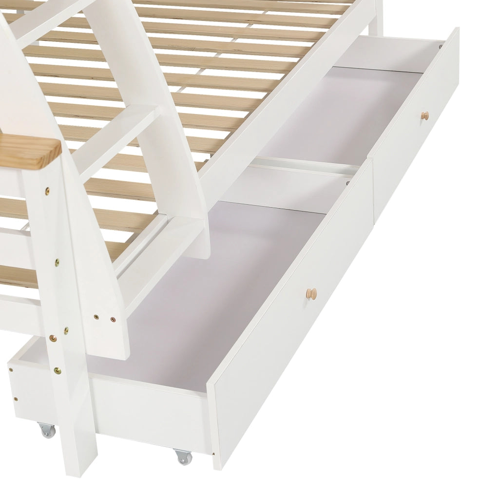 Letto a Castello 90x200 cm e 120x200 cm con 2 Cassetti; Scala e Mensola; Bianco Naturale