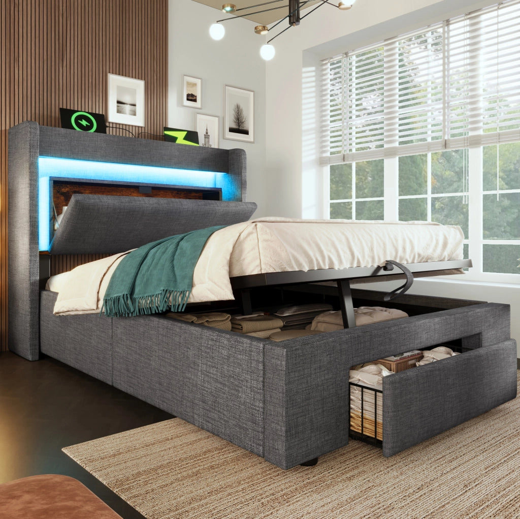 Letto imbottito 90x200 cm con contenitore idraulico; LED; USB e USB C; lino grigio