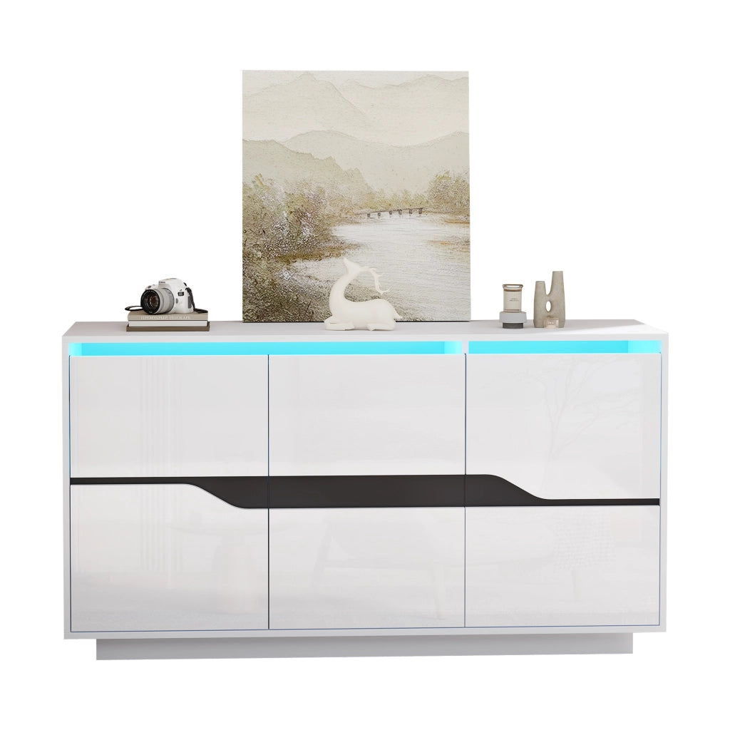 Credenza e madia con LED, 3 ante e ripiani regolabili, per soggiorno, in truciolare, bianco e nero, 140 × 40 × 70 cm