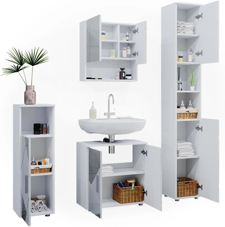 Set mobili bagno Irma, Bianco lucido con inserti, 80 cm, composto da mobile lavabo, pensile a specchio, colonna e base media