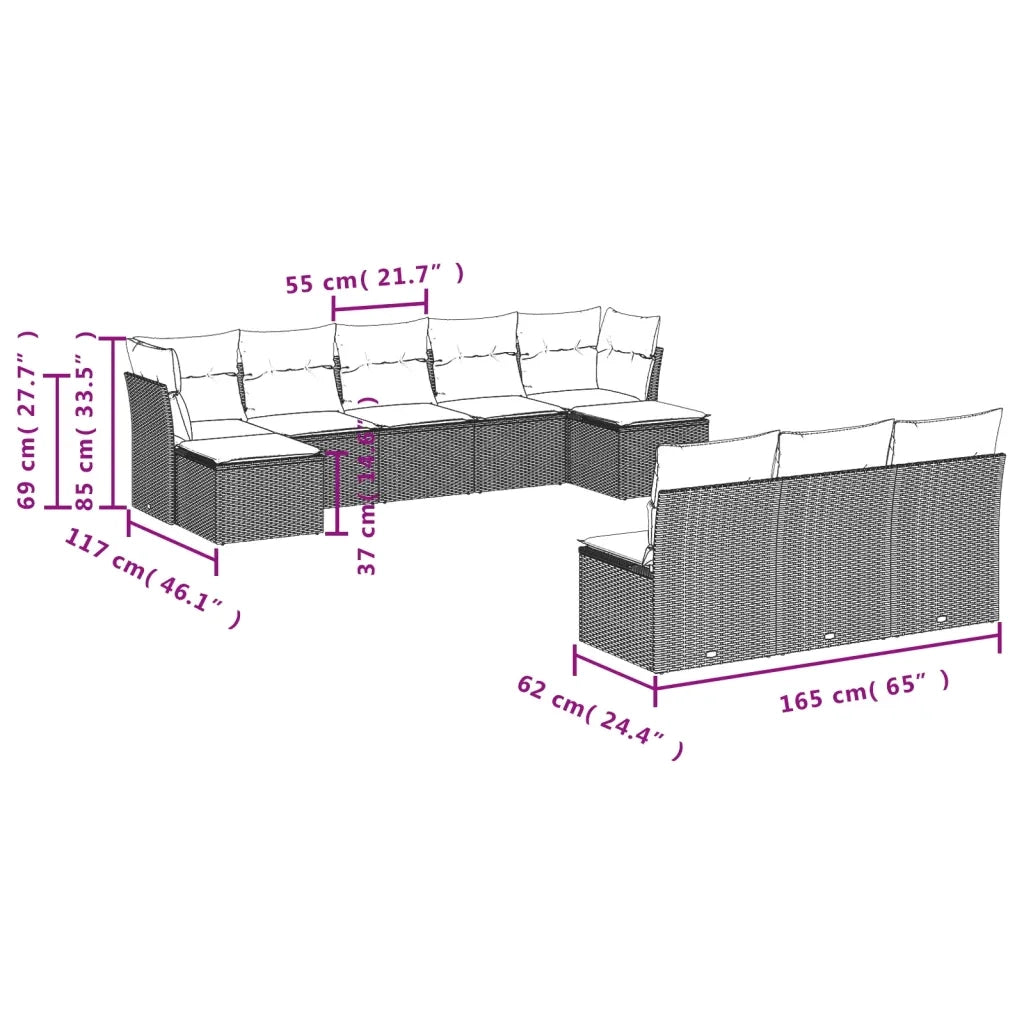 Set Divani da Giardino 10pz con Cuscini in Polyrattan Nero 3250125