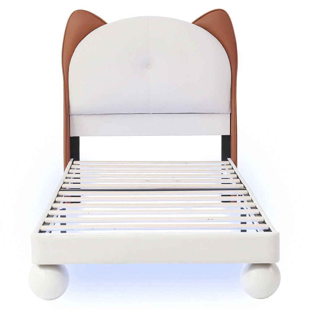 Letto bambino-Xylo-90x200 cm-testa gatto, LED regolabile, PU, beige+marrone