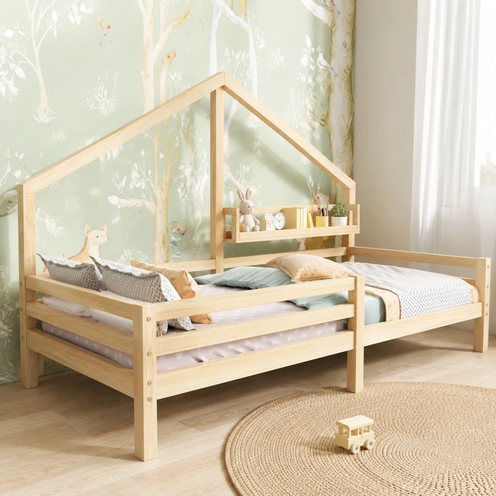 Letto a casetta per bambini con libreria integrata 90x200 cm in pino naturale