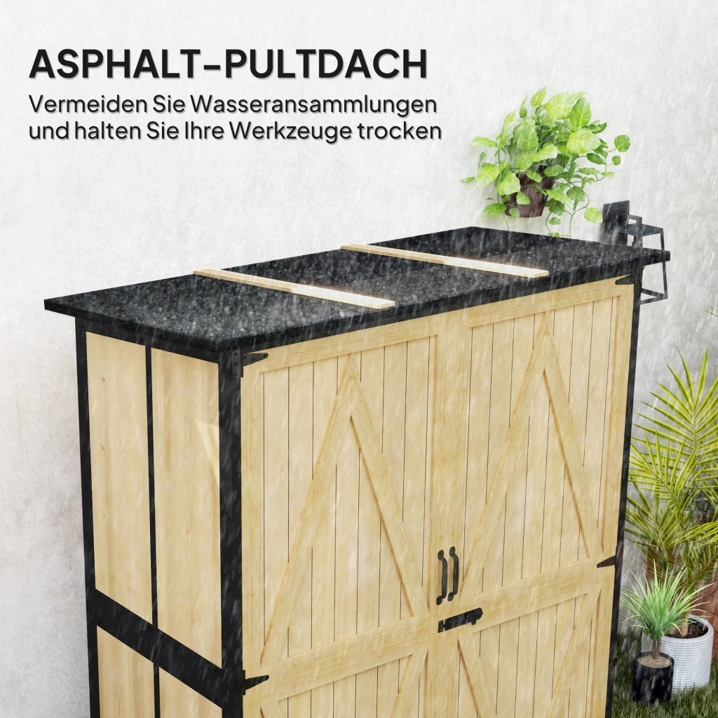 Armadio da giardino in legno e acciaio con tetto in asfalto ¨C zephmum ¨C 2 ripiani, porte bloccabili, colore naturale
