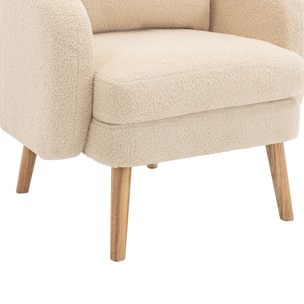 Poltrona in tessuto teddy con cuscino schienale sfoderabile, seduta spessa e base in legno massello per relax beige