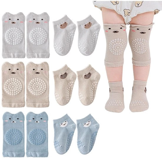 Sokkette Antiscivolo - 3 Paia - Protezioni Ginocchia - Foderate Cotone - Comfortevole - Respiranti - Lunghezza Piede 12-14 cm - Sokkette per Neonati