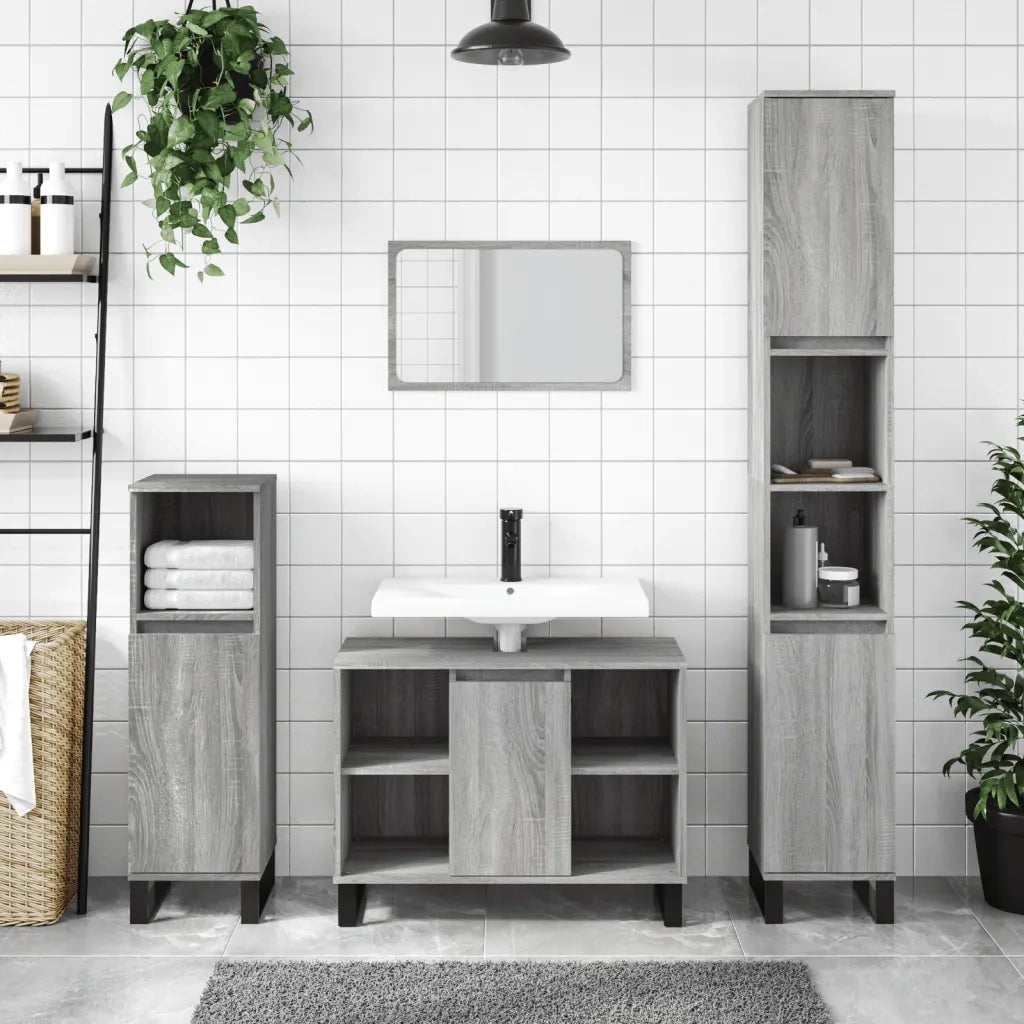 Set Mobili da Bagno | Armadio da bagno 3 pz Grigio Sonoma in Legno Multistrato