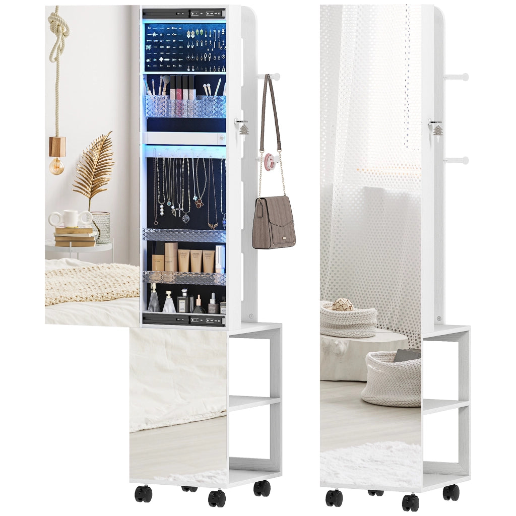 Specchio Girevole con Armadietto Portagioielli e Appendiabiti 37x40x165,5 cm Luce LED Regolabile e Serratura in MDF