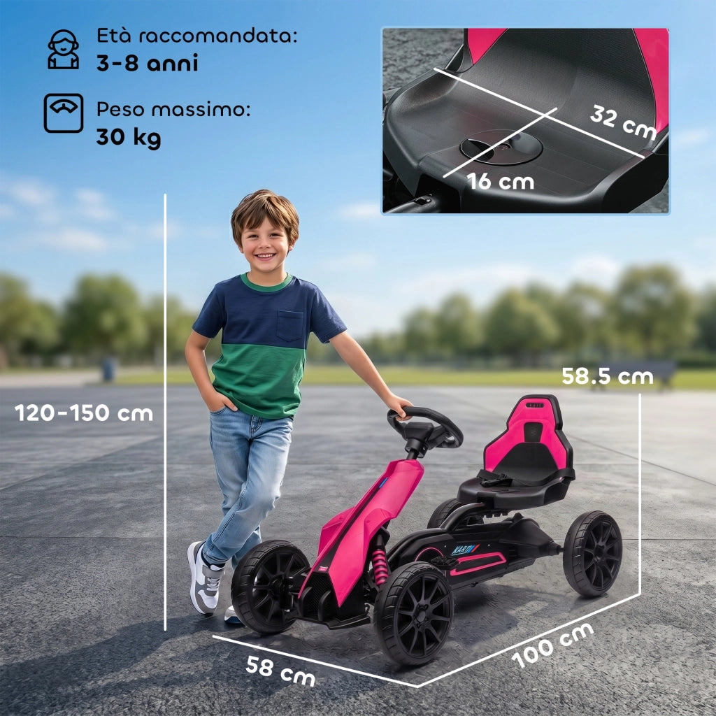 Go Kart a Pedali per Bambini 3-8 Anni con Sedile Regolabile e Ruote in EVA, 100x58x58.5 cm, Rosa e Nero