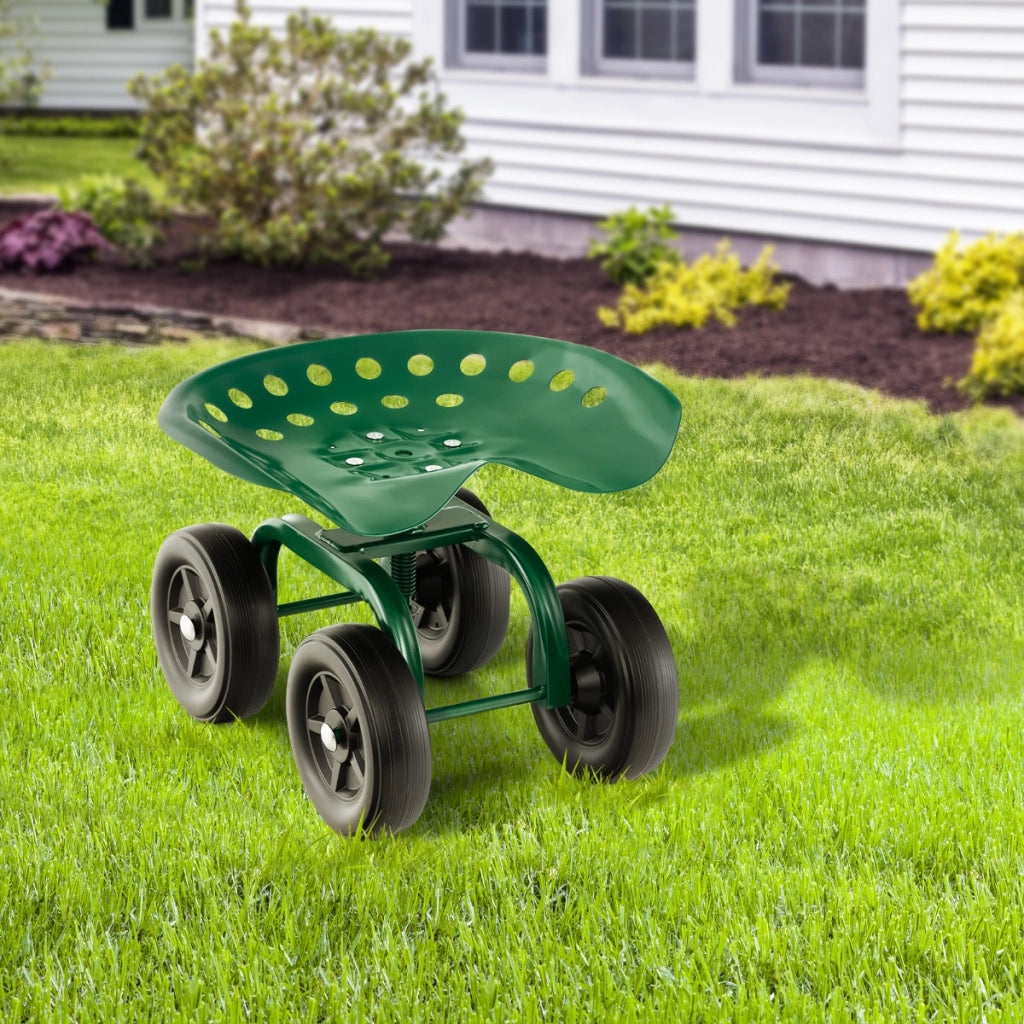 Carrello da giardino con seduta girevole a 360¡ã e altezza regolabile, Carrello da lavoro a 4 ruote Verde-Attrezzi da giardino