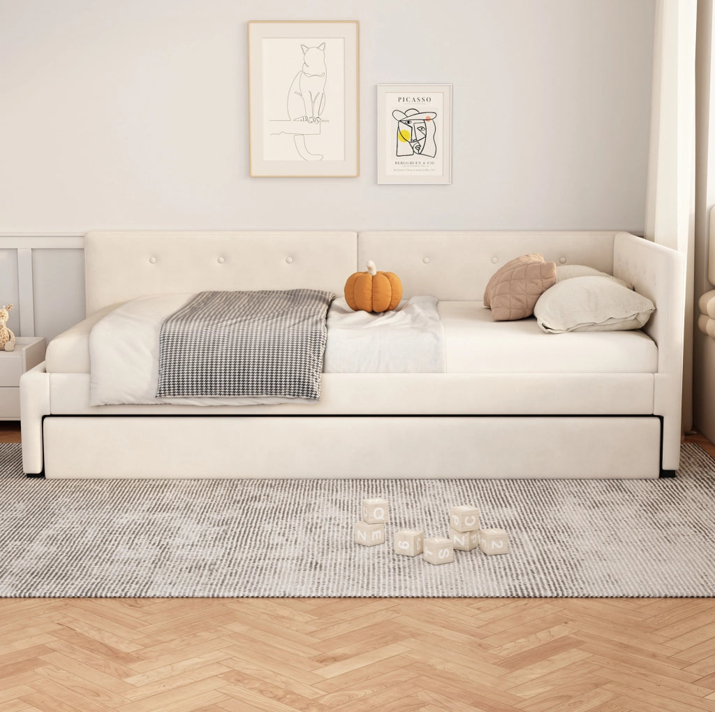 Letto singolo 90x200 cm con letto estraibile; velluto Beige chiaro