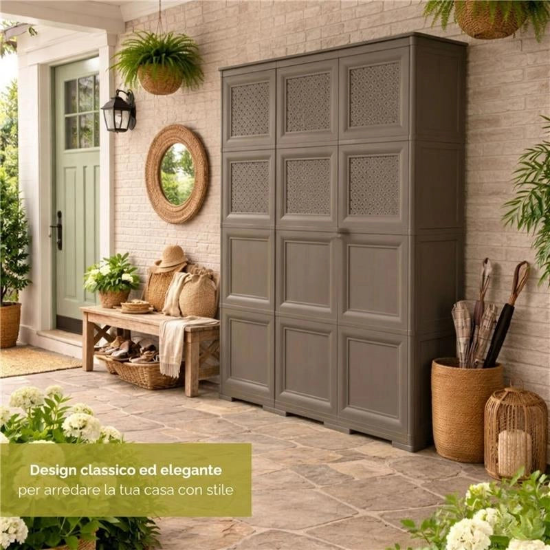 ARMADIO 3 ANTE WENGÉ 118X43X164 CM CON PUNTALI, ANTE TRAFORATE E VANO PORTASCOPA – MOBILE ALTO ORGANIZZATORE PER INGRESSO E RIPOSTIGLIO
