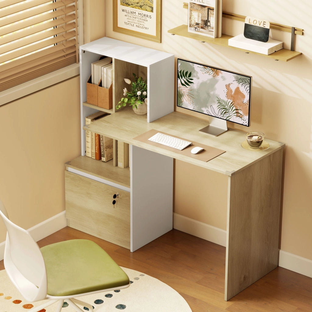 Scrivania con libreria e cassetto ¨C zephmum ¨C quercia e bianco 126x50x109 cm