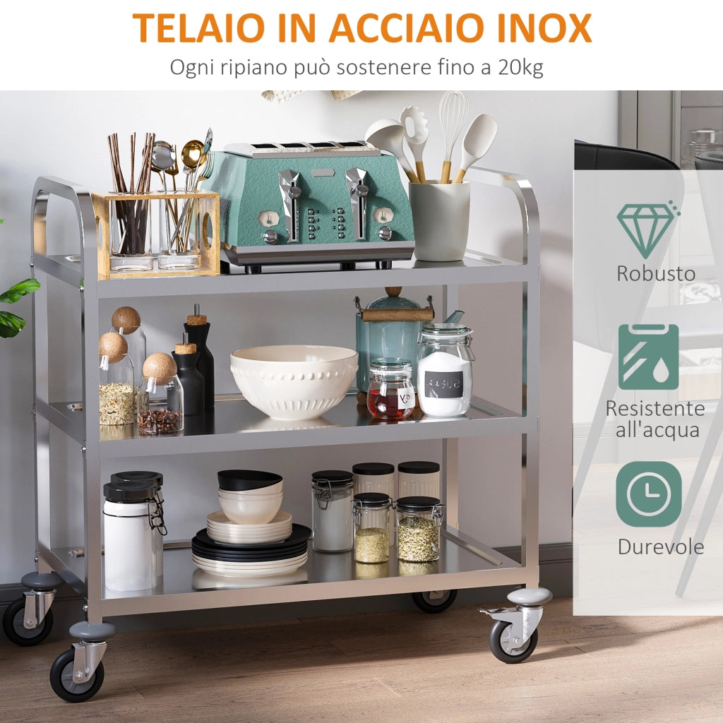Carrello da Cucina 3 Ripiani ¨C Xylo ¨C Acciaio Inossidabile 430 con 4 Ruote e 2 Freni 90.5x50.5x88.2cm