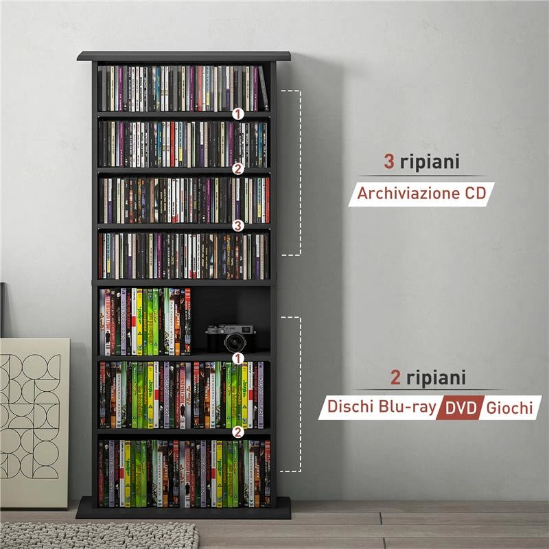 SCAFFALE PORTA CD CON 6 RIPIANI REGOLABILI CAPACITÀ DI 360 CD/185 DVD 58X24X124.5 CM NERO
