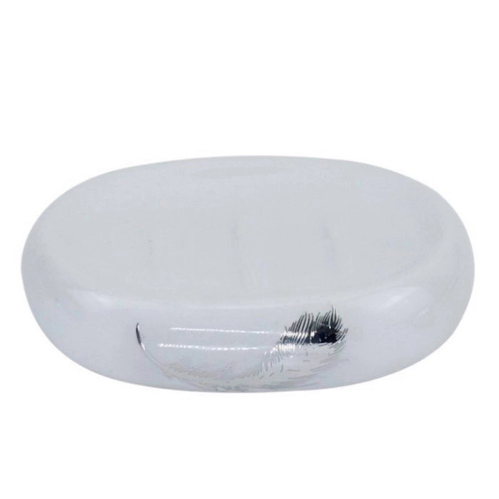 Trade Shop - Piattino Per Sapone Saponetta Ceramica Bianca Decorato Piuma Argento Bagno 59900 -