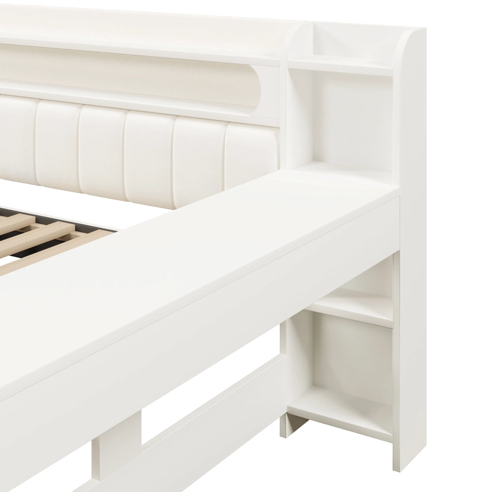 Letto imbottito 140x200 cm con LED; USB; scrivania e 2 cassetti in MDF e compensato bianco