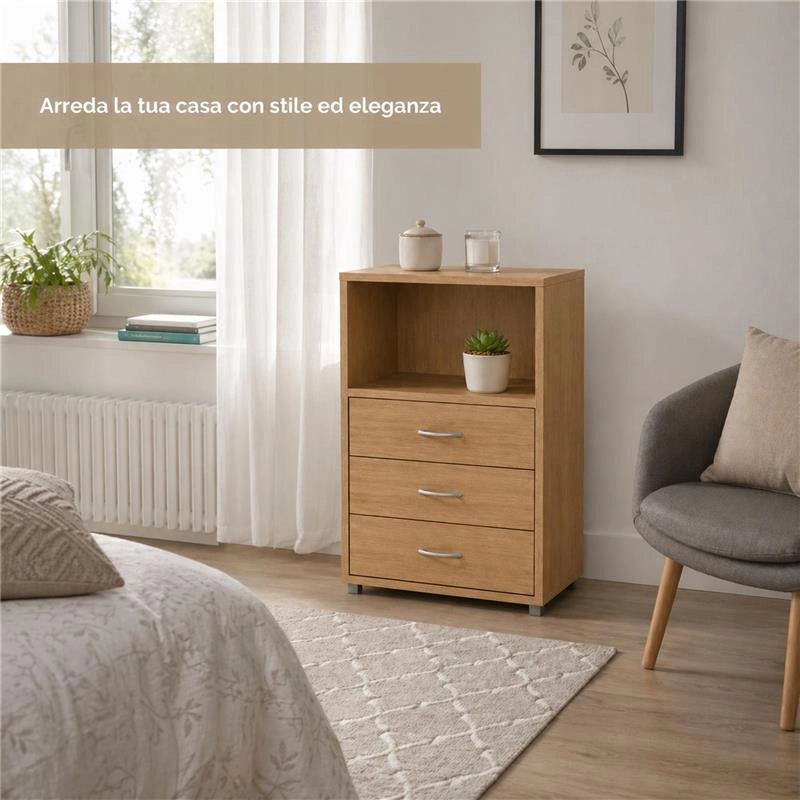 CASSETTIERA IN LEGNO CON TRE CASSETTI E RIPIANO COLORE ROVERE DIMENSIONI 60X40X101 CM