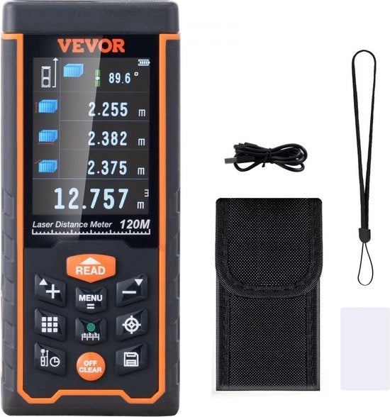 Laserafstandsmetro 121m con camera e schermo LCD da 2,4" precisione ±1,5 mm varie modalità di misura 4 unità di misura piedi/metri/poli/piedi e pollici 100 set di dati