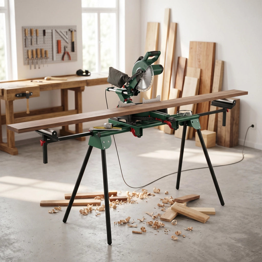 Supporto per Troncatrice con Bracci Regolabili, Gambe Pieghevoli, Altezza Regolabile, Capacit¨¤ 150 kg, Verde
