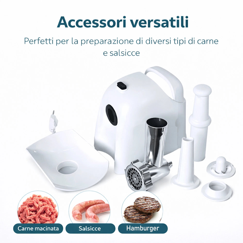 Tritacarne Elettrico Bianco con Lame in Acciaio Inox e Accessori Potenza 1000W