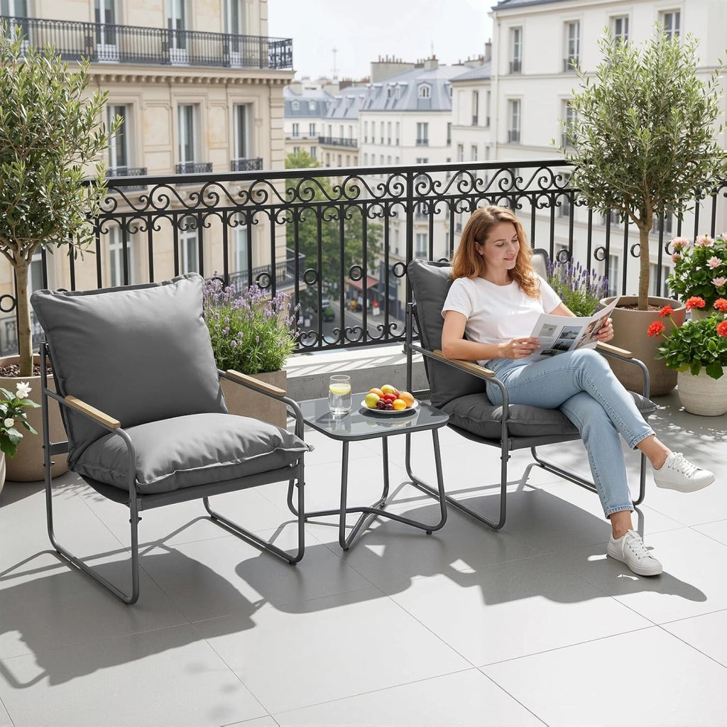 Set 3 Pezzi Salotto da Giardino per 2 Persone, Mobili da Esterno con 1 Tavolino e 2 Sedie con Cuscini Rimovibili, per Giardino, Terrazza e Balcone, in Metallo, Grigio