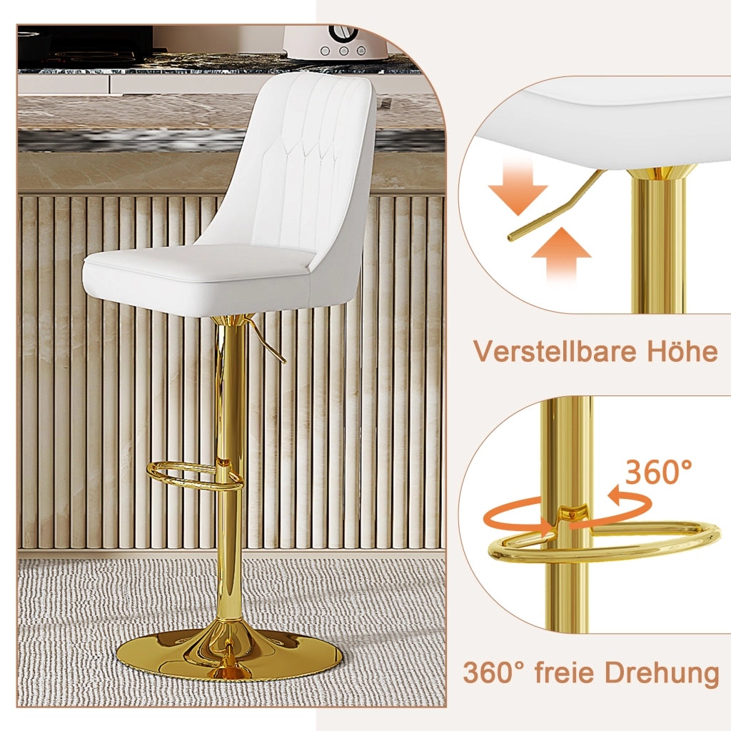 Sgabello da bar girevole a 360° regolabile in altezza con schienale in PU imbottito in metallo bianco e oro