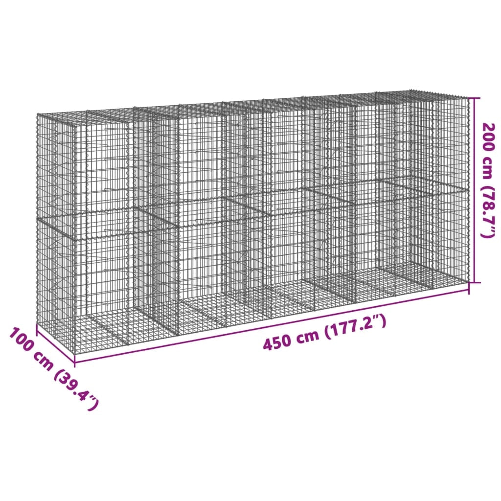 Gabbione recinto a gabbia muro di contenimento con coperchio 450 x 100 x 200 cm ferro zincato argento 02_0040168
