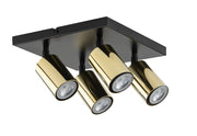 Plafoniera moderna nera ottone quadra 4 spot GU10 Sigma