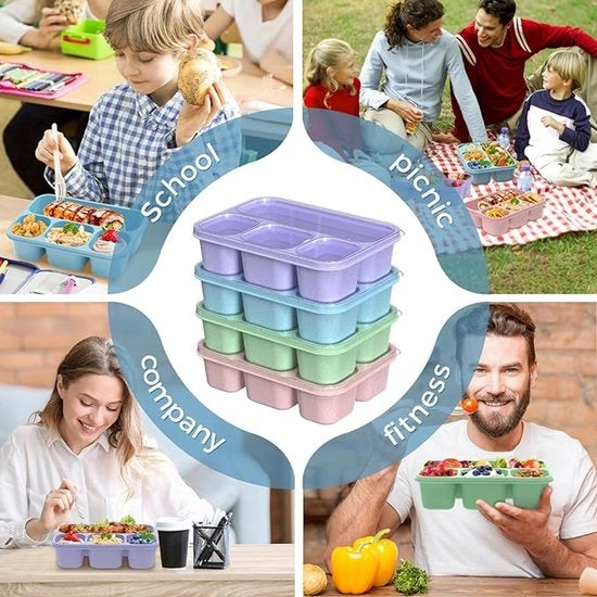 Box da snack con 4 compartimenti, box da pranzo con 4 compartimenti, adatto per signore, signori e adulti, riciclabile, inclusa 2 ciotole da salse