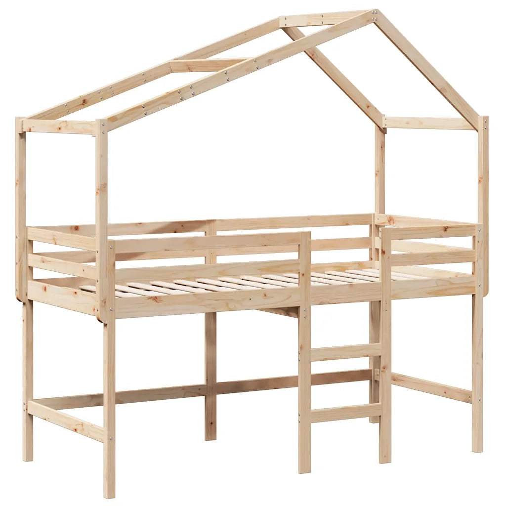 Letto Soppalco con Scala e Tetto 90x190 cm Legno Massello Pino