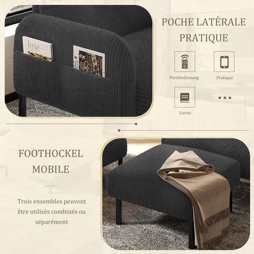 Set soggiorno 3 pezzi in corduroy grigio con divano 2 posti; poltrona e pouf; 120 cm