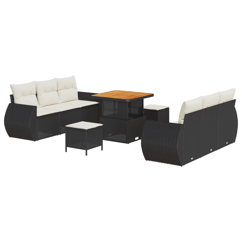 Set di divano da giardino 9 pezzi con cuscini in rattan nero e acacia