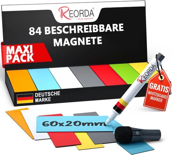 Strisce adesive magnetiche descrittive - 84 pezzi - 60x20mm (+ pennino) | Magnetici descrittivi, adesivi, per lavagne bianche, tavole kanban e pannelli magnetici - Magnetici descrittivi per frigorifero
