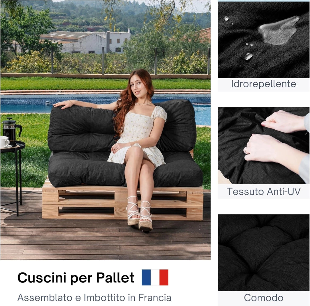 Cuscini per Pallet - Tessuto Idrorepellente e Anti-UV - Molto Confortevole, Imbottito in Schiuma - Cuscini per Divano Esterno Giardino (Seduta 120x80 cm + Schienale 120x40 cm, Nero)