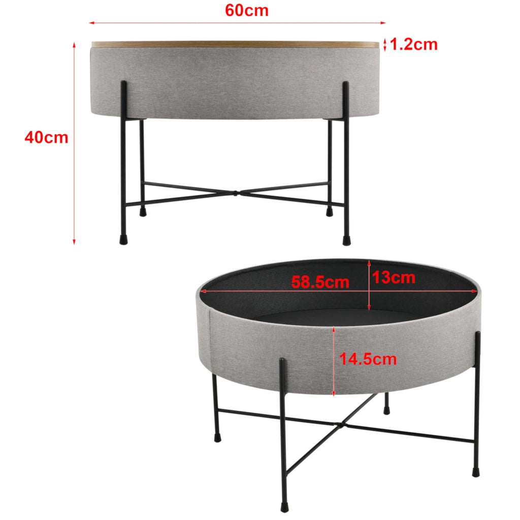 Tavolino rotondo con piano rimovibile truciolare tessuto metallo 40 x 60 cm legno grigio-nero 03_0004151