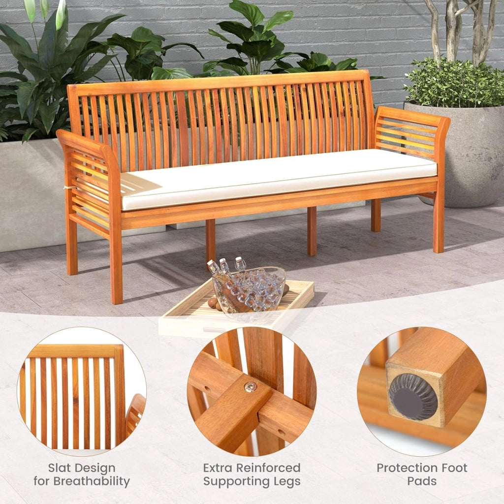 Panca da giardino a 3 posti, panca da parco in legno di acacia, panca da parco con cuscino rimovibile, sedia da parco con schienale, carico di 540 kg, 159 x 59 x 77 cm