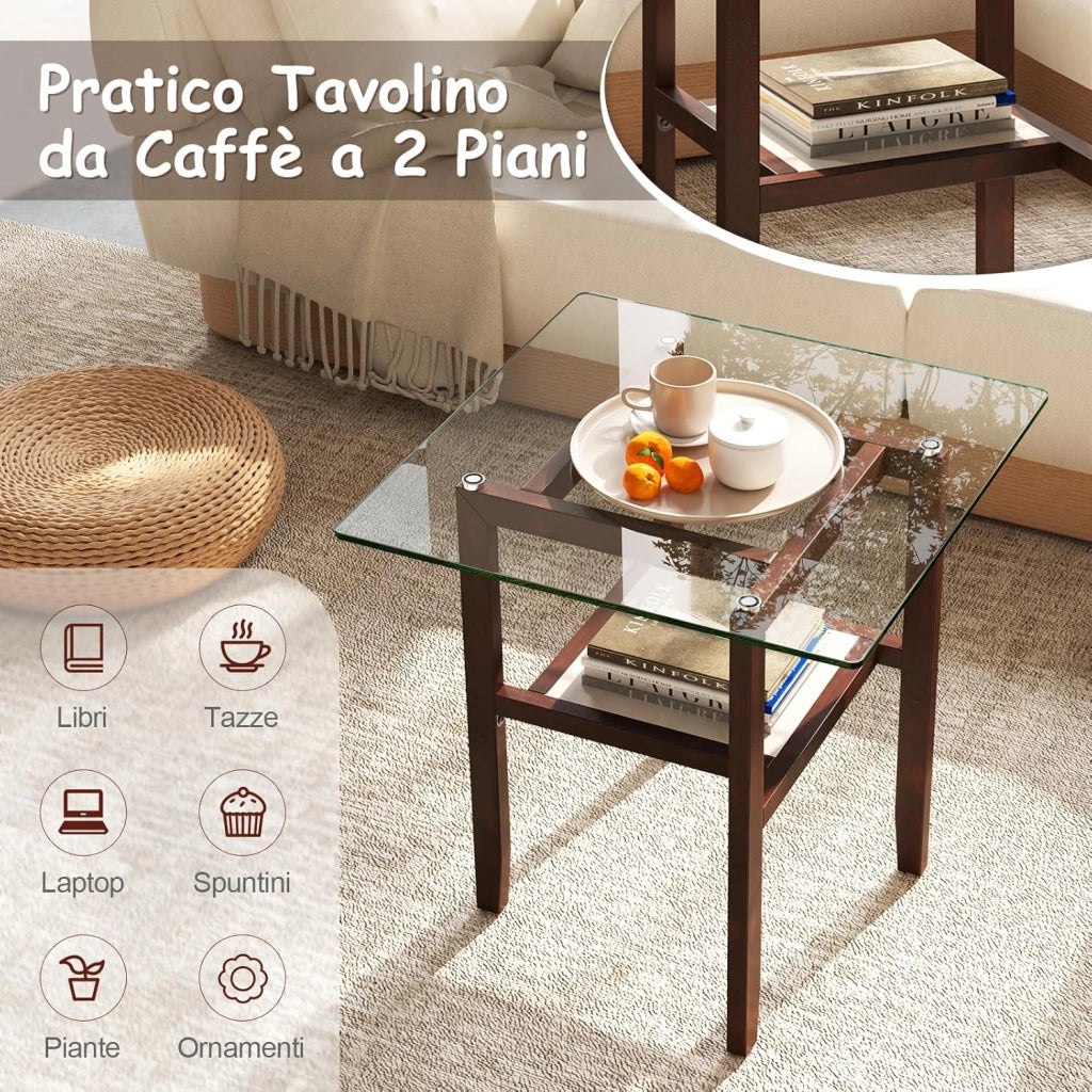 Tavolino Quadrato in Vetro, Tavolino Laterale con 2 Ripiani e Struttura in Legno di Gomma, Tavolo Moderno per Soggiorno, Casa e Ufficio, 61 x 61 x 62,5 cm