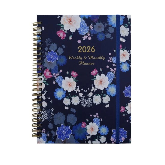 Agenda 2026 - A5 Agenda con calendario settimanale dal 26 gennaio al 31 dicembre - Copertina rigida con stampa di fiori - Calendario settimanale e mensile - Aggiunto con spirale - Cinturino - Spazio interno - 21,5 x 15,5 x 1,5 cm